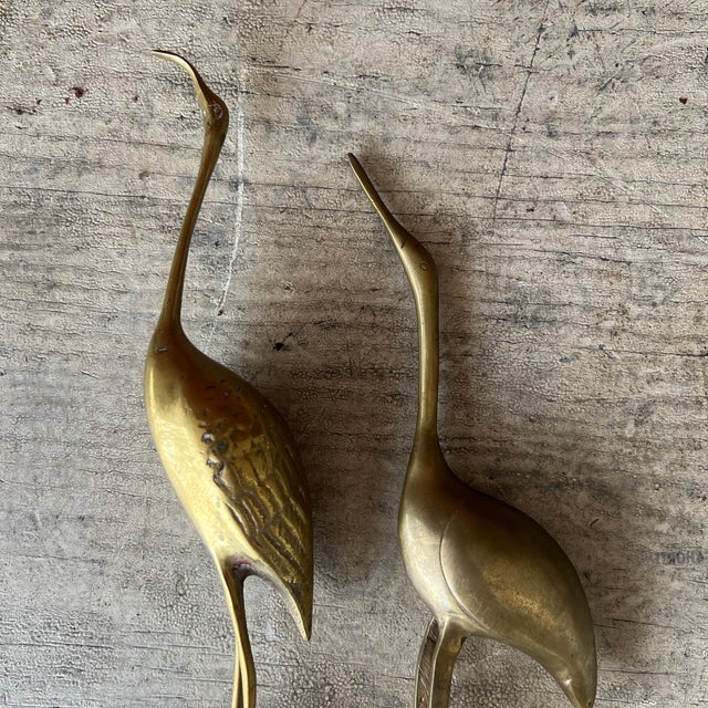 1960s Vintage Brass Crane Bird Statues Elegant Mid Century Decorative Sculpture Pair For Sale - Image 5 of 14