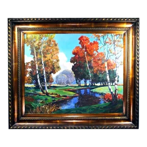 Signed Expressionist Framed Oil Painting Depicting Fall Country Brook in Vivid Colors Circa 1970s