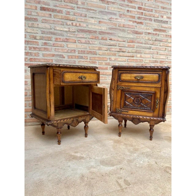 Early 20th Century Carved Oak Nightstands, 1940s, Set of 2 For Sale - Image 13 of 18