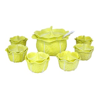 Vintage Soup Tureens Majolica Secla Yellow Cabbage W/ Ladle and Lidded Soup Bowls - Set of 8 For Sale