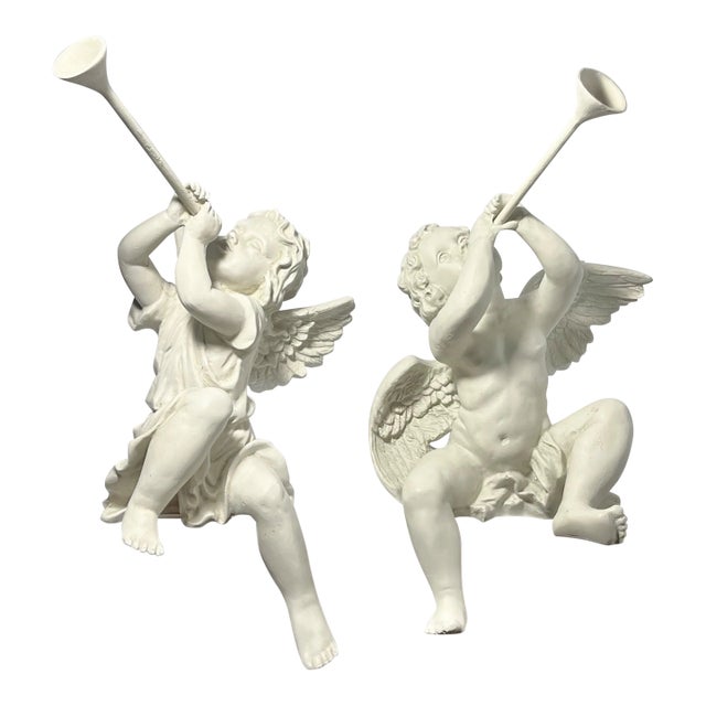 Vintage Pair of Resin Stone Sitting Shelf Cherub Angel Herald Figurines For Sale