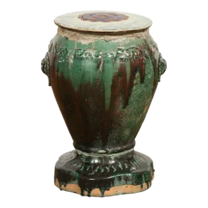Antique Annamese Green and Brown Glazed Ceramic Garden Seat on Shaped Base