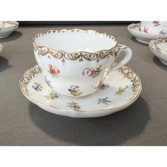 Porcelain Cups and Saucers with Gilt Edges and Floral Motifs from Meissen, 1950s, Set of 12 For Sale - Image 4 of 12