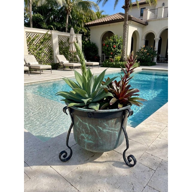 1980s Hand-Hammered Copper Planter on Wrought Iron Stand For Sale In West Palm - Image 6 of 10
