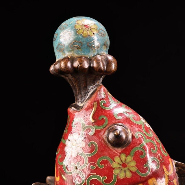 Vintage Chinese Cloisonne Enamel Koi Fish Statue, Champleve Carp Sculpture With Lotus Wave Base For Sale - Image 9 of 9