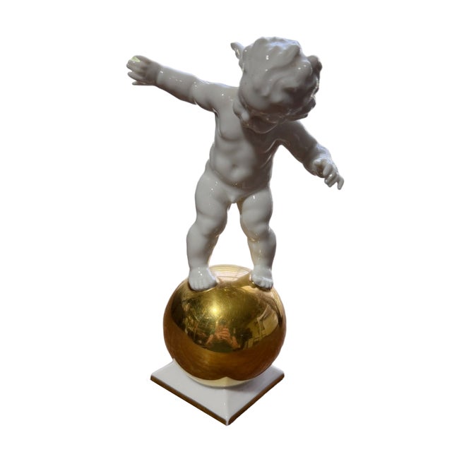 Beautiful Vintage Hutschenreuther Porcelain "Putto on a Golden Sphere" Figurine Designed by Master Sculptor Karl Tutter...
