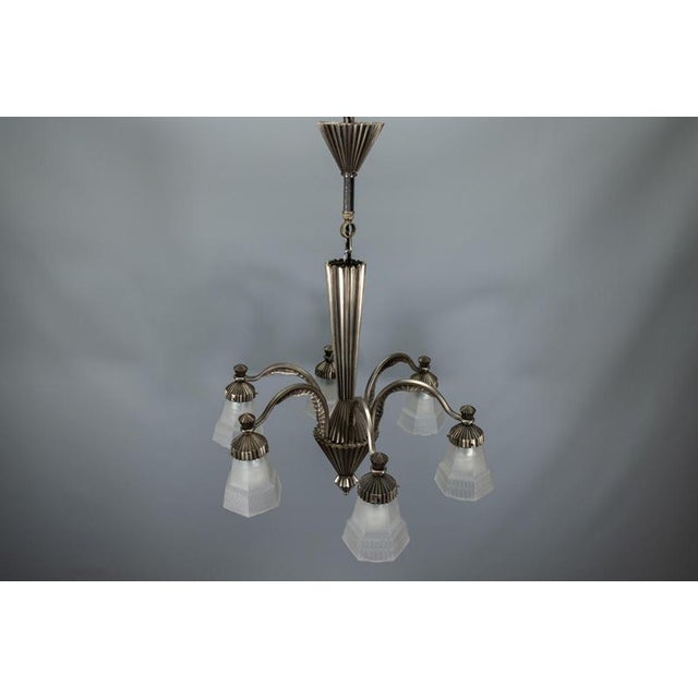 Art Deco French Bronze and Frosted White Glass Six-Light Chandelier, 1930s For Sale - Image 17 of 18