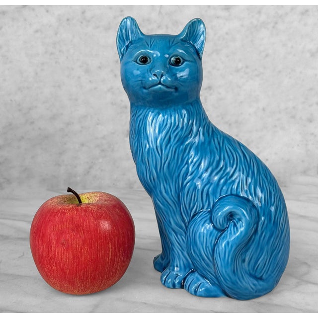 Vintage Chinese Turquoise Blue Glazed Ceramic Mantle Cat Sculpture - A Pair For Sale - Image 4 of 10