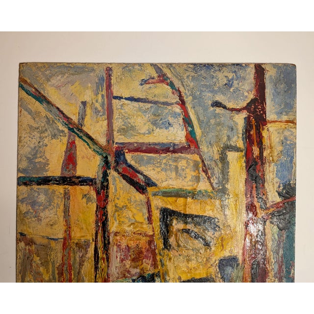 Original unsigned oil painting on board, mid-20th century, in the cubist tradition. A fractured composition of...