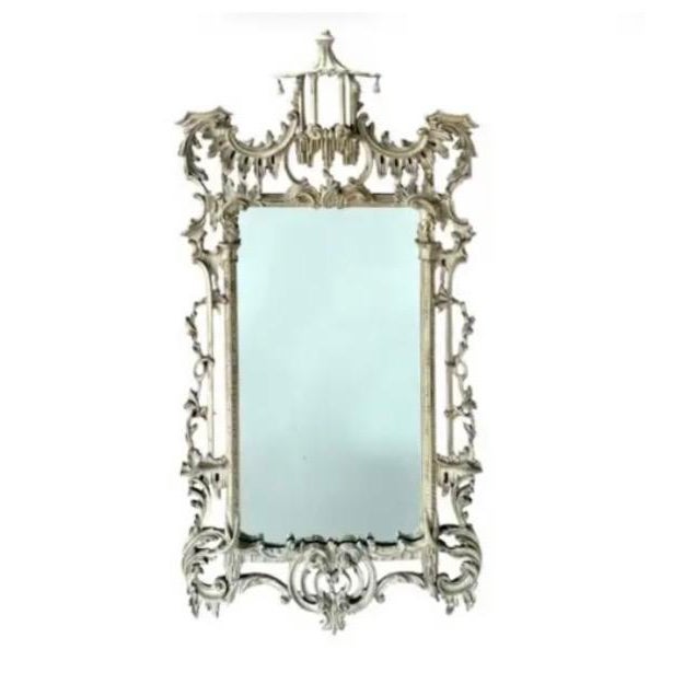 Chinese Chippendale Style Whitewashed Wall Mirror, Hand-Carved Wood For Sale - Image 9 of 9