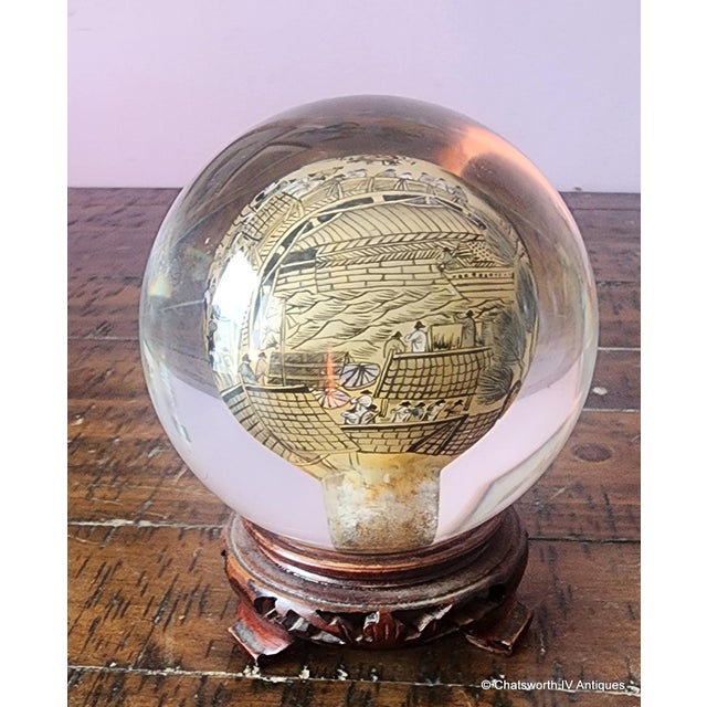 Fantastic vintage mid century hand reverse interior painted glass paperweight sphere on original wood base, Chinese,...
