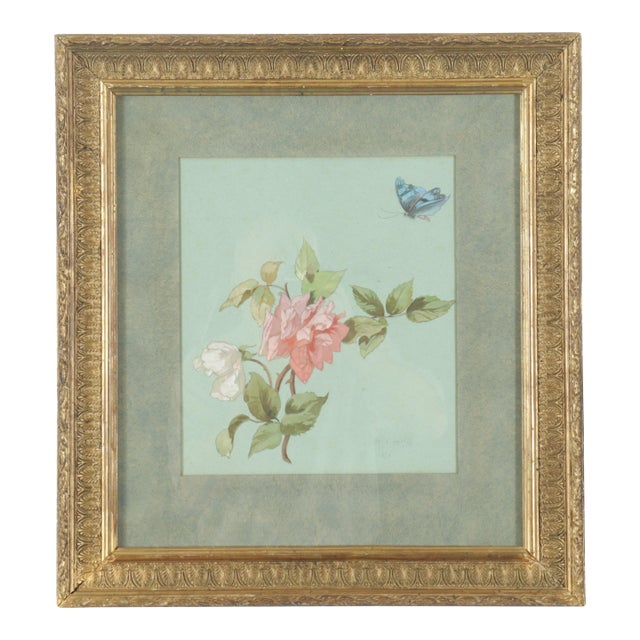 Antique 19th Century American Floral Botanical Watercolor Study of a Rose and Butterfly Signed Copely in Gilt Frame For Sale