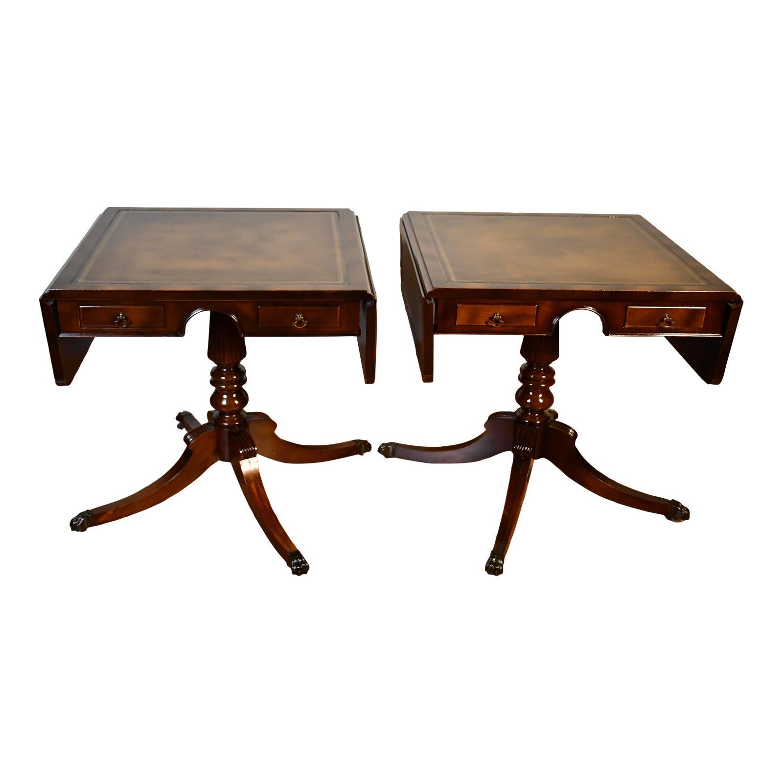 1940 Pair English Regency Style Mahogany Leather Top DropLeaf Side End