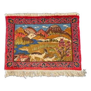 Hand-Knotted Figurative Mountain Landscape with Gazelles Rug, 1980s For Sale