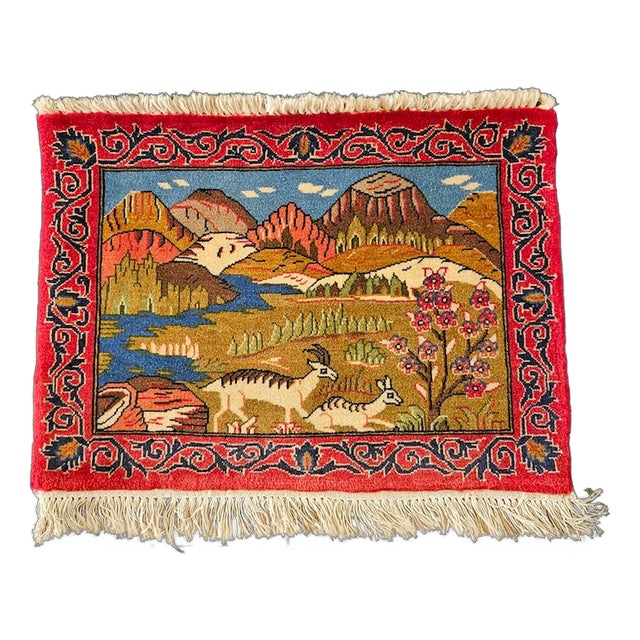 Hand-Knotted Figurative Mountain Landscape with Gazelles Rug, 1980s For Sale