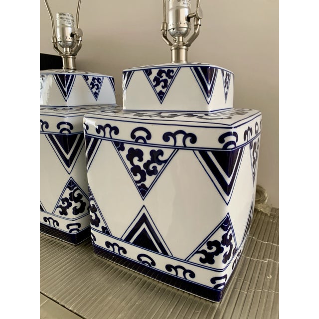 Chinoiserie Square Blue White Table Lamps - A Pair For Sale - Image 4 of 8