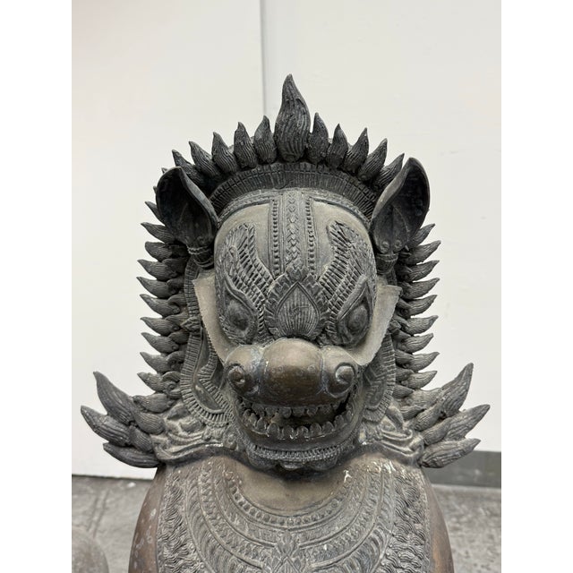 Metal Vintage Singha Guardian Lion Sculptures, Set of Two For Sale - Image 7 of 12