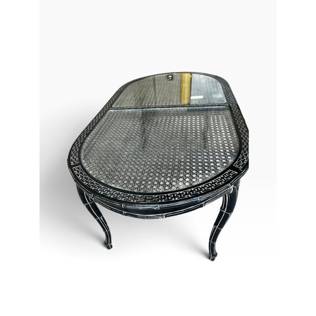 Vintage Chinoiserie Dark Jade Lacquer Faux Bamboo Dining Table With Glass & Woven Panel Top For Sale - Image 4 of 13