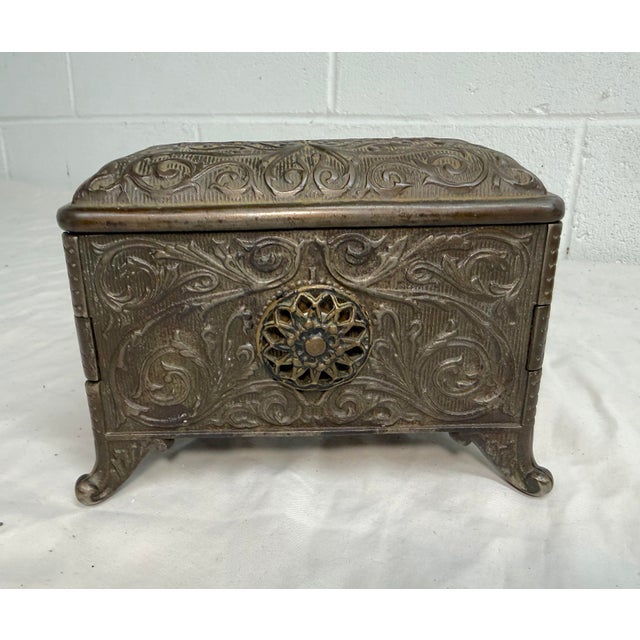 19th Century Rare Antique Ornate 1890 Cast Iron Jewel Chest (Coffin Bank) by Hart Co. Usa For Sale - Image 5 of 15