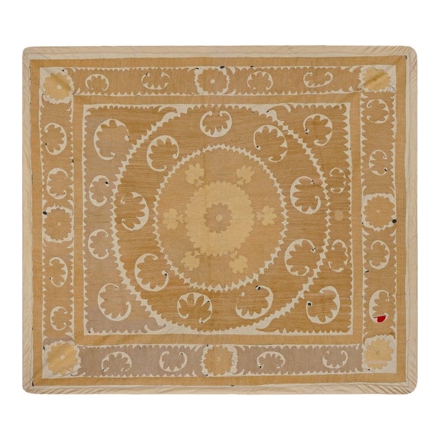 Soft Earth Tone Suzani Textile, Hand Stitched Uzbek Home Decor 4'2'' X 4'8'' For Sale