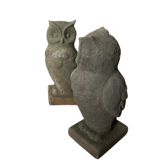 A charming pair of vintage owl statues. Crafted from heavy cast stone (concrete), these owls feature a wonderfully...