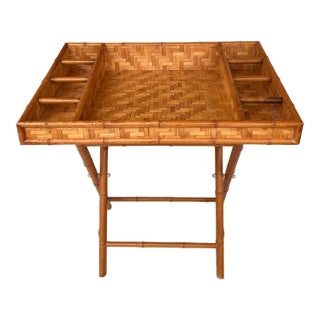 Vintage Bamboo and Woven Rattan Folding Butler Tray Stand, Coastal Campaign For Sale