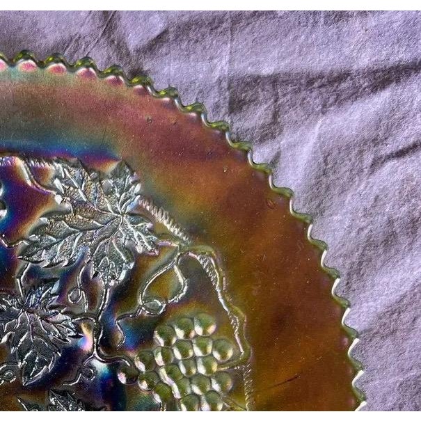 Signed Antique Northwood "Grape and Cable" Green Carnival Glass Plate For Sale In Portland, ME - Image 6 of 11