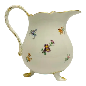 Late 19th Century Antique Meissen Gilded Scattered Flowers Footed Porcelain Pitcher