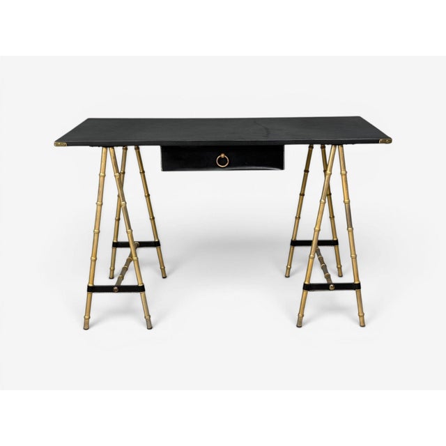 Metal Jacques Adnet Attr., Desk and Folding Chair, Black Leather, Brass, France, 1950s For Sale - Image 7 of 18