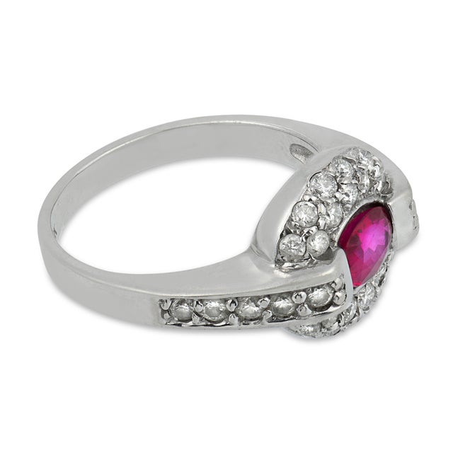 Contemporary 1950s Mid Century Ruby Diamond 14k White Gold Ring, Size 6.5 For Sale - Image 3 of 4