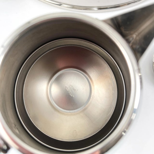 Chrome Vintage 2000s Postmodern Wear Stainless Steel Coffee Serving Set With Creamer, Sugar, Spoon, & Round Glass Tray by Michael Graves For Sale - Image 8 of 10