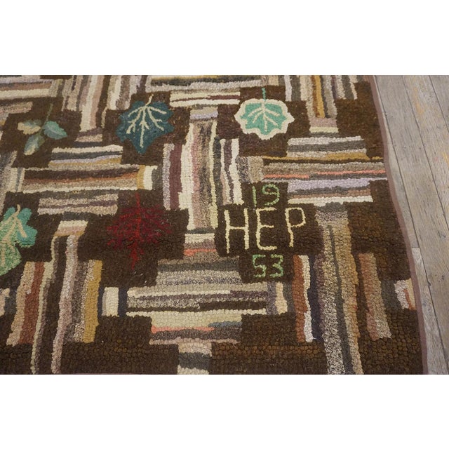 Brown Lofty Brown Color Background With Floral and Symmetrical Patters Design Vintage American Hooked Rug For Sale - Image 8 of 13