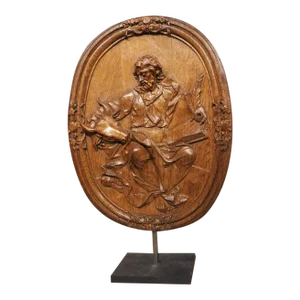 Antique French Carved and Incurved Oak Bas Relief Plaque of St Luke, C. 1720