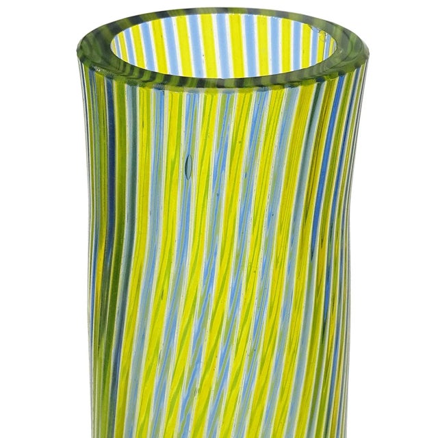 Mid-Century Modern Fratelli Toso Murano Vintage Yellow Blue a Canne Ribbons Pattern Italian Art Glass Bottle Flower Vase For Sale - Image 3 of 7