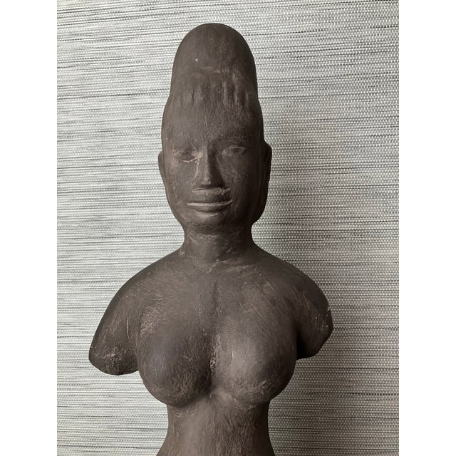 Antique Khmer Sandstone Female Deity Figure on a Wooden Base, 20" T For Sale - Image 10 of 12