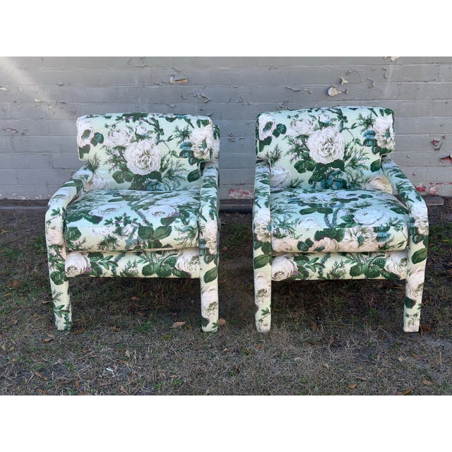 Textile Vintage Parsons Chairs Reupholstered in Schumacher Floral Fabric For Sale - Image 7 of 11