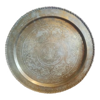 Large Brass Tray Wall Hanging Vintage 30 Inch Etched Scalloped Round Asian For Sale