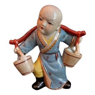 Late 20th Century Porcelain Chinese Monk Figure Carrying Water For Sale