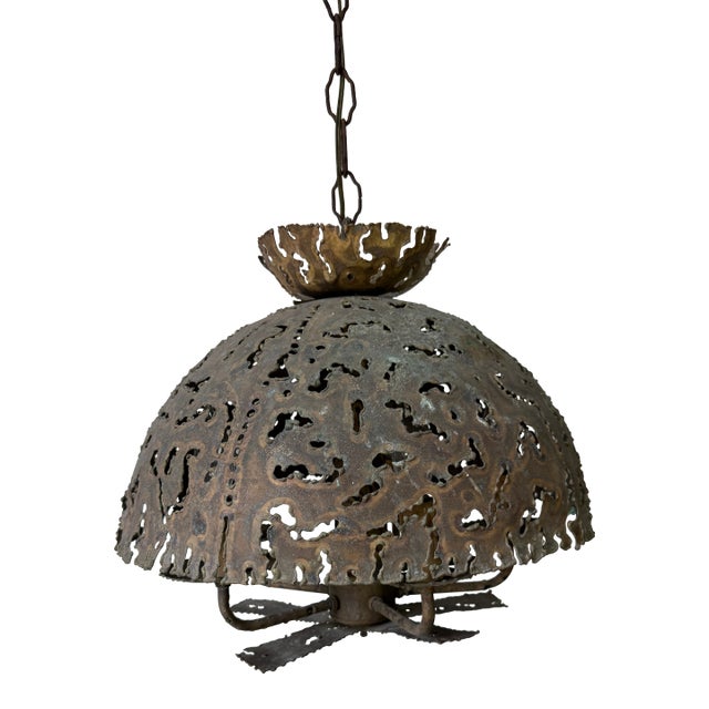 1970s Vintage Tom Greene Brutalist Torch-Cut Brass Hanging Light Fixture For Sale