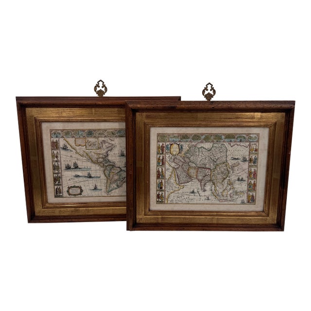 Pair of Italian Framed Antique Style Maps by Ethan Allen For Sale