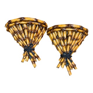 Hollywood Regency Style Composition Faux Bamboo Wall Brackets - Pair For Sale