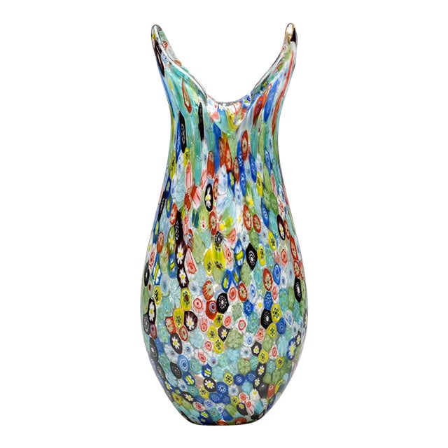 Murano Millefiori Glass Vase With Dual-Point Crown Rim For Sale