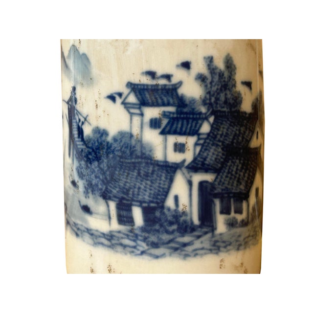 Ceramic Chinese Distressed White Porcelain Blue Mountain Houses Graphic Holder Vase For Sale - Image 7 of 15
