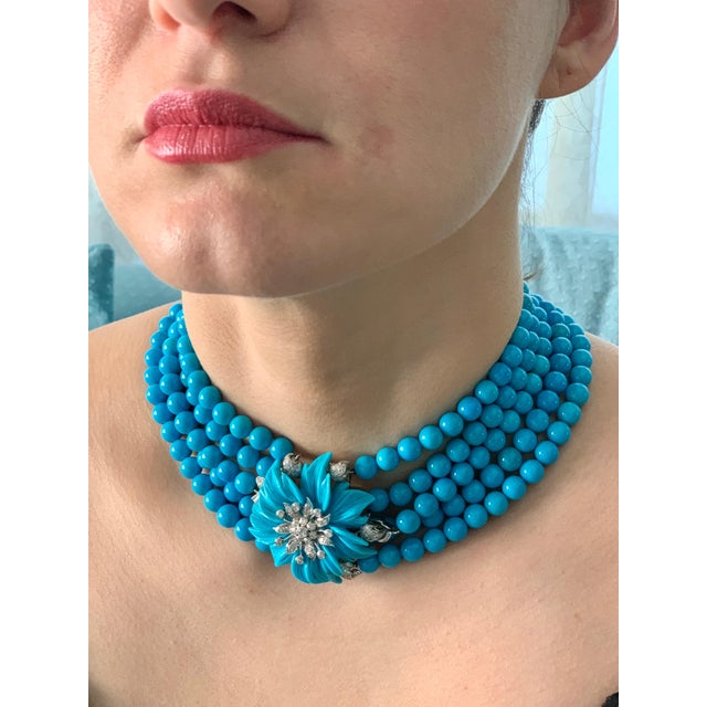 Natural Sleeping Beauty Turquoise Necklace Five-Strand and Diamond French Clasp For Sale In New York - Image 6 of 8
