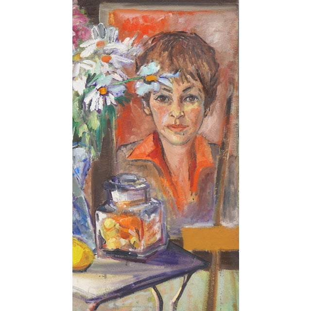 American Mid Century Figurative Floral Still-Life With Bouquet, Lemon, & Self Portrait by Marjorie Hyman For Sale - Image 3 of 5