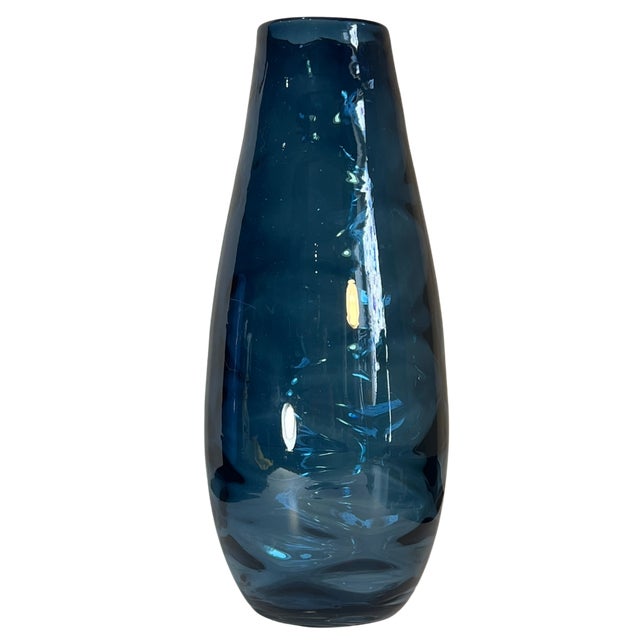 14+ In, Tall Art Glass Wavy Pattern Blue Vase For Sale - Image 11 of 12