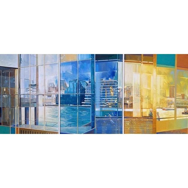A fabulous contemporary original panoramic oil on canvas triptych painting depicting reflections of the river thames and...
