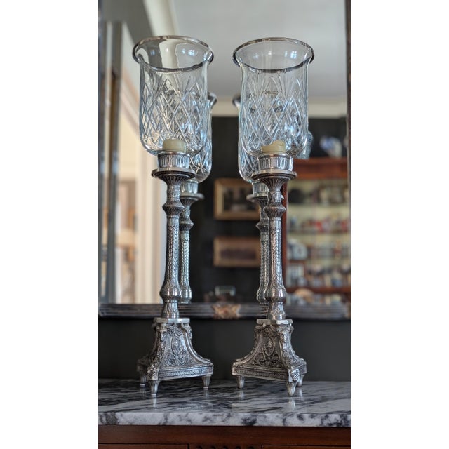 Vintage 1990s Etched Glass Hurricane Candle Holders - a Pair For Sale - Image 4 of 9