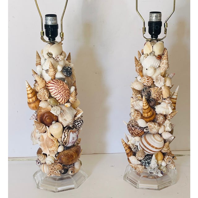Fabulous pair of richly encrusted with preselected sea shells table Lamos on lucite bases.