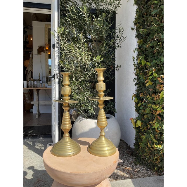 Pair of Vintage Brass Candlesticks – Sculptural Tiered Form For Sale - Image 10 of 12